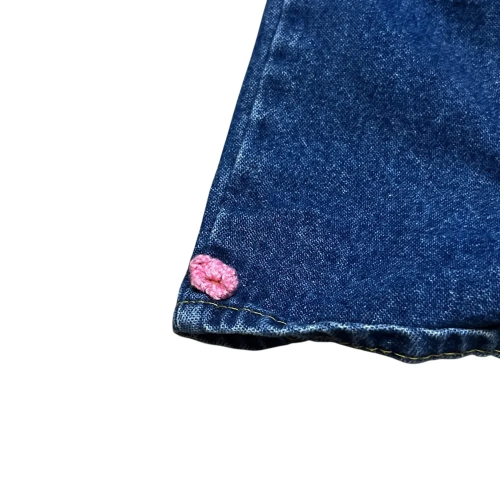 Vintage 90s Girls Pull On Blue Denim Shorts Pink Crotchet Flowers Size 5